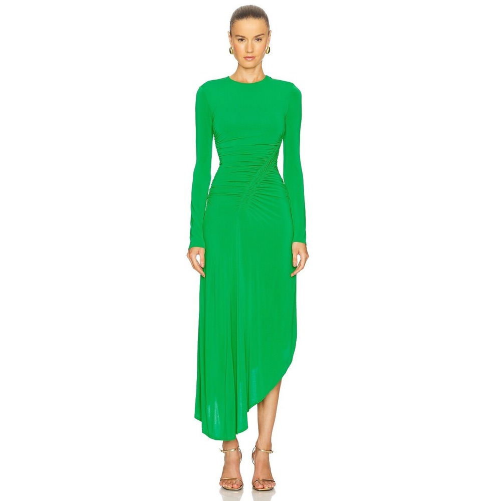 ALC Adeline Dress Size XS Fern Green Asymmetric Ruched Maxi Dress Long Sleeve